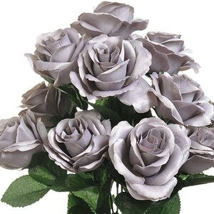 Artificial gray rose bouquet with green leaves, multiple 4-inch rose heads