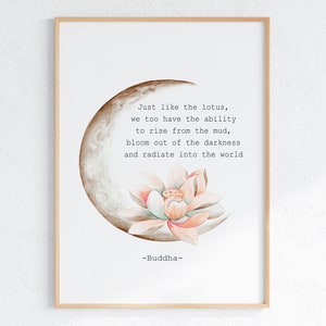 Framed lotus flower wall art with moon illustration and calming quote, beige and white