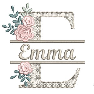 Floral embroidery alphabet motif for monogram 'Emma' with pink flowers and white lace