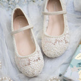 Ivory Crochet Lace Mary Jane Flats with MINI PEARLS, For flower girls, baptism shoes, christening shoes, baby shoes