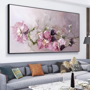 Framed abstract floral oil painting on textured canvas, pink and purple flowers
