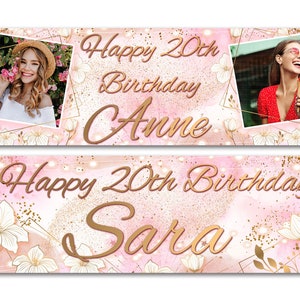Pink floral birthday banner with “Happy 20th Birthday” and personalized name text