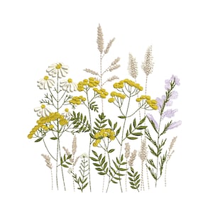 Botanical wildflower embroidery pattern with yellow, white, and purple flowers