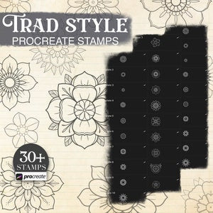 Flower tattoo Procreate stamp set with black stamp sheet and white outline designs