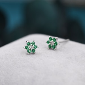 Tiny green CZ flower stud earrings in silver