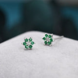 Very Tiny Emerald Green CZ Flower Stud Earrings in Sterling Silver, Silver or Gold, Crystal Flower Earrings, Stacking Earrings