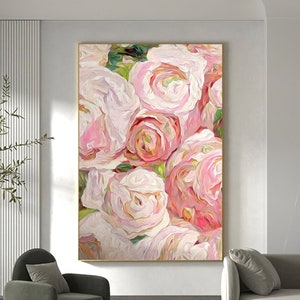 Large pink rose abstract canvas painting with layered floral brushstrokes