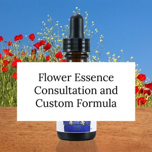 Flower essence dropper bottle with white label reading “Flower Essence Consultation and Custom Formula”