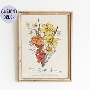 Framed birth-flower family bouquet art print with flowers and 'The Smith Family' text