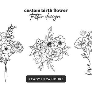 Birth flower tattoo design, black line art bouquet with flowers and leaves