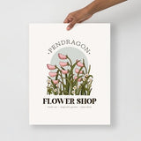 Flower shop digital art download print with Pendragon logo, plants, and pink creature