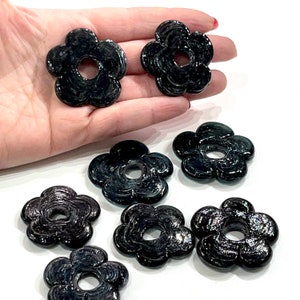 Chunky black glass flower beads, handmade textured pattern, small set