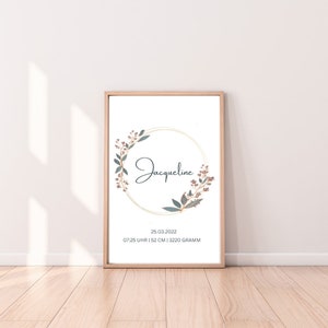 Framed birth announcement poster with circular floral wreath and handwritten-style date text