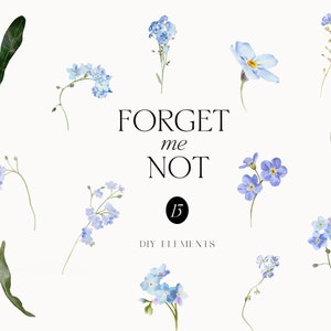 Watercolor forget-me-not flower clipart set with blue blooms and stems