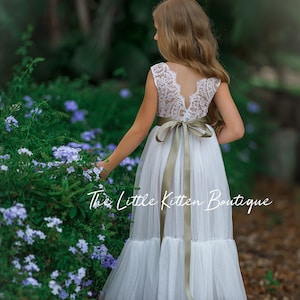 Girls sleeveless lace bodice tulle dress with bow back, layered skirt