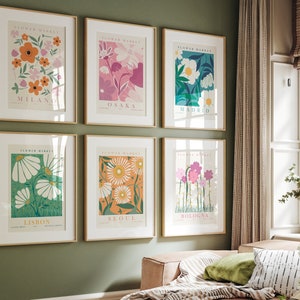 Framed botanical flower print set of 6 with colorful retro floral designs