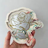 Multicolour Marble Effect Trinket Tray with Silver Rose Detailing | Flower Shaped Dish, Quirky Gifts, Decorative Homeware, Jewellery Holder