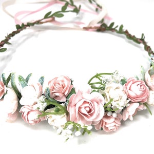 Pink and white rose floral crown with green leaves, artificial wedding headpiece