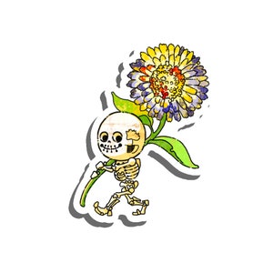 Die-cut vinyl sticker of a cute skeleton holding a multicolor flower