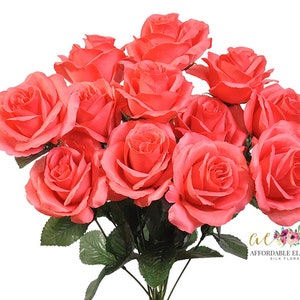 Artificial open coral rose blooms with green leaves, 4-inch faux silk flower heads (bundle of 12)