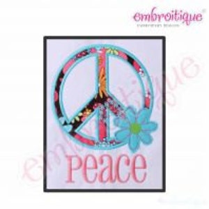 Peace symbol embroidery design with flower accents and "Peace" text, multicolor