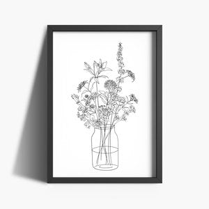 Framed botanical line art print of a flower bouquet in a vase
