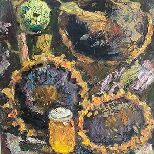 Original oil painting of sunflowers with textured petals and yellow-green hues