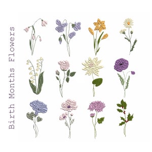 Floral machine embroidery design with mini wildflower line drawings in purple and gold