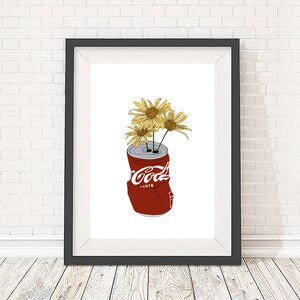 Yellow daisy tin can illustration, botanical line drawing, floral daisies art print, 5x7, A5, 8x10, A4, 11x14 and A3 sizes available