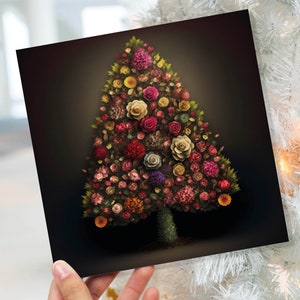 Pink floral Christmas tree greeting card with roses and red berries