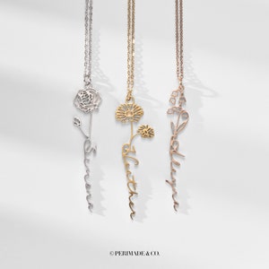 PERIMADE birth-flower and name charm necklaces, layered silver and gold tones