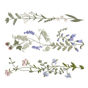 Botanical wildflower embroidery border design with blue and pink flower sprigs