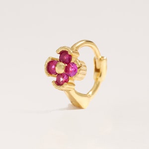 Gold mini hoop earrings with pink flower CZ detail