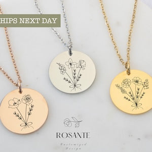 Round birth flower bouquet necklace with floral line pendants on silver and gold chains.