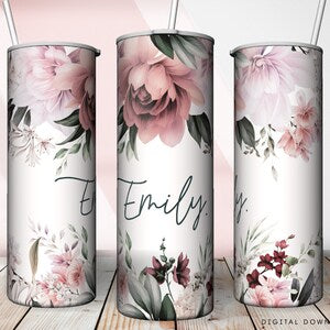 Floral 20oz skinny tumbler wrap with pink flowers and 'Emily'
