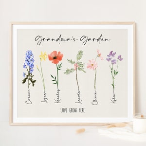 Framed floral birth-month flower name sign with Grandma's Garden script