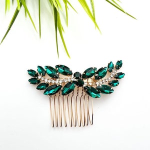 Emerald crystal bridal hair comb with gold-tone comb and bow-shaped green stones