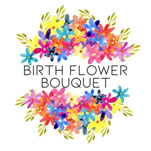 Colorful birth flower bouquet with mixed blooms and green leaves