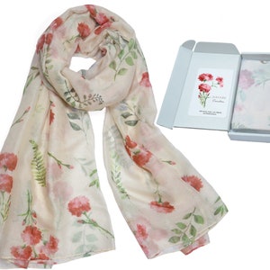 Light beige floral birth flower scarf with pink carnations and green leaves, lightweight shawl