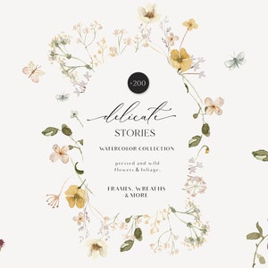 Watercolor wildflower wreath clipart with assorted spring flowers in a circular garland