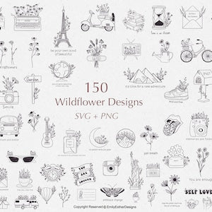 Wildflower SVG bundle with botanical line-art icons and labels, black on white