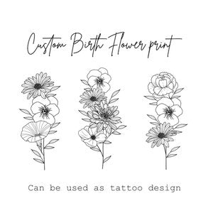 Birth flower line art print with three botanical sprigs in black ink