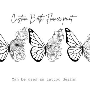 Custom birth flower and butterfly tattoo design sketch with roses and month flower outlines