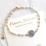 Forget Me Not Bracelets, Handmade Pearls Bracelets, Small, Round with Real Pressed flowers, Gold Plated Chain & Link Bracelets, Gift for her
