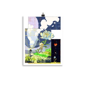 Skeleton floral collage art print with blue night scene and decorative character