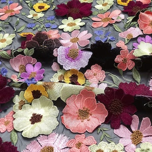 3D flower lace tulle fabric with multicolor embroidered floral appliques on mesh