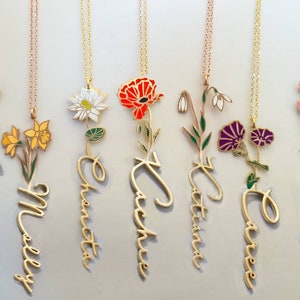 Gold-tone name necklaces with birth-flower charms and cursive pendants, set of 4