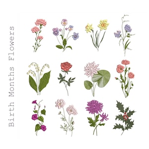 Floral mini wildflower machine embroidery designs set, 12-month botanical mini patterns