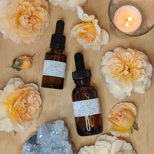 Bach flower remedy amber glass bottles with droppers and white labels