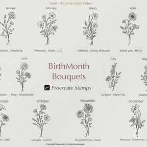 Birth month flower bouquet stamp set page with monthly floral sprigs for Procreate